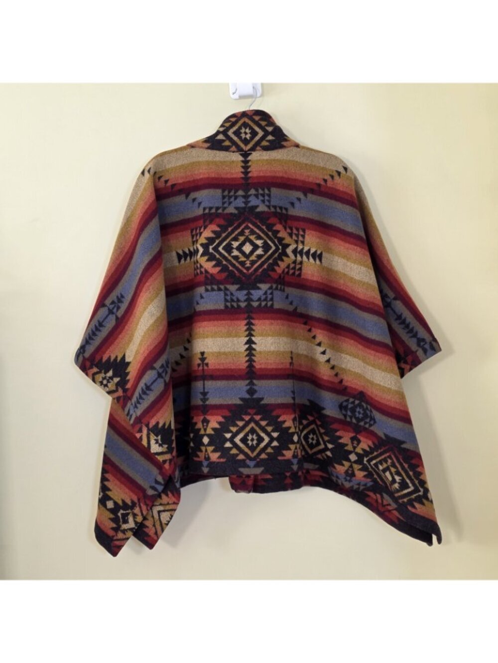 Reversible Wool Cape Poncho OS Southwestern Geometric Aztec Button Jacket Button - Picture 4 of 15